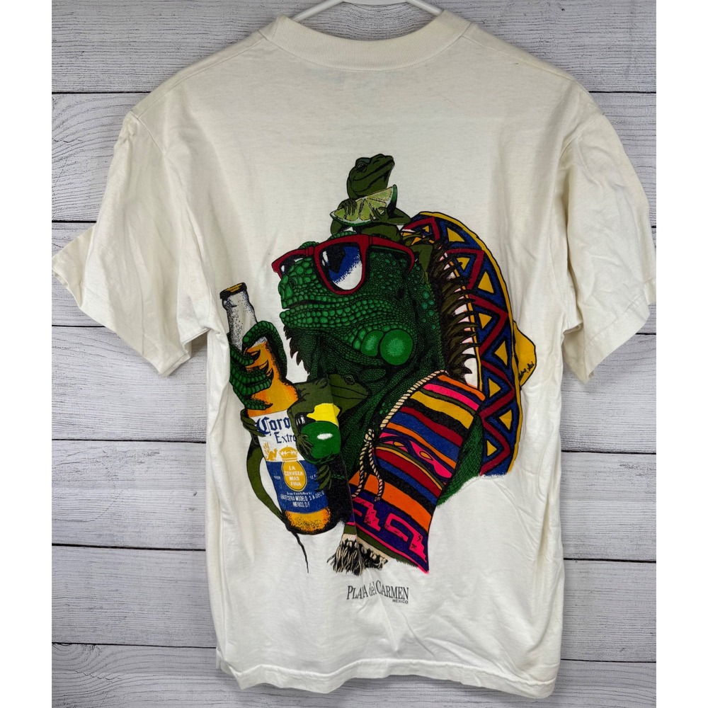 Vintage Corona Extra Playa del Carmen‎ Iguana T-Shirt Mens Medium Mr Buho White
